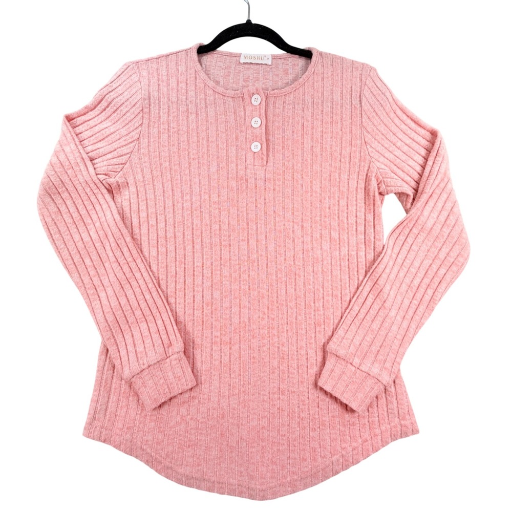 MOSHU Henley Top Ribbed Knit Poly Rayon Blend Small Pink Casual Long Sleeve